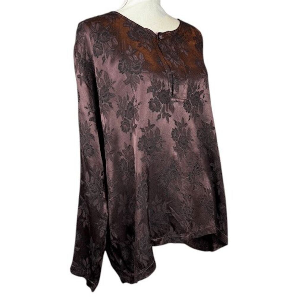 CP Shades Hand Dyed Brown Floral Jacquard Blouse‎ Rayon Satin Size Small